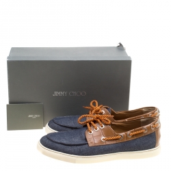 Jimmy Choo Blue Canvas and Brown Croc Embossed Leather Cheyne Boat Loafers Size 44