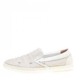 Jimmy Choo Light Grey Leather Grove Star Studded Slip On Sneakers Size 44