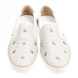 Jimmy Choo Light Grey Leather Grove Star Studded Slip On Sneakers Size 44