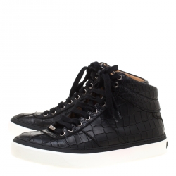 مملوكة مسبقًا حذاء رياضي جيمي تشو مرتفع من أعلى جلد نقش تمساح أسود مقاس 40.5