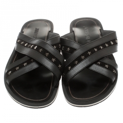 Jimmy Choo Black Leather And Suede Wally Star Embellished Cross Strap Slides Size 44.5