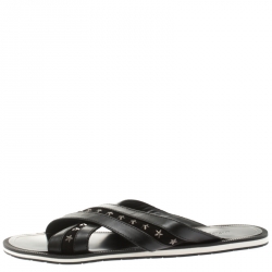 Jimmy Choo Black Leather And Suede Wally Star Embellished Cross Strap Slides Size 44.5