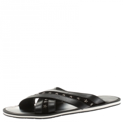Jimmy Choo Black Leather And Suede Wally Star Embellished Cross Strap Slides Size 44.5