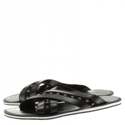 Jimmy Choo Black Leather And Suede Wally Star Embellished Cross Strap Slides Size 44.5