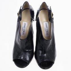 مملوكة مسبقًا Jimmy Choo Black Patent Peep Toe Ankle Booties Size 37