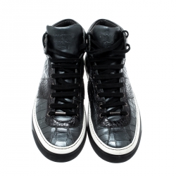 Jimmy Choo Black Metallic Crocodile Embossed Leather Belgravia High Top Sneakers Size 42.5