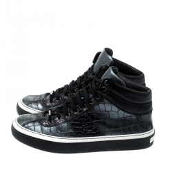 Jimmy Choo Black Metallic Crocodile Embossed Leather Belgravia High Top Sneakers Size 42.5