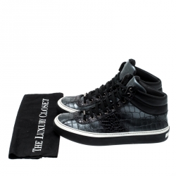 Jimmy Choo Black Metallic Crocodile Embossed Leather Belgravia High Top Sneakers Size 42.5