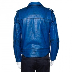John Elliott X Blackmeans Black & Blue Painted Leather Riders Jacket L