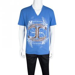 Pre Owned Just Cavalli Blue Graphic Logo Print V-Neck T-Shirt XXL