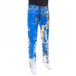 Pre Owned Just Cavalli Multicolor Paint Splatter Printed Denim Straight Leg Jeans L