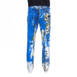 Pre Owned Just Cavalli Multicolor Paint Splatter Printed Denim Straight Leg Jeans L