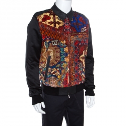 Pre Owned Just Cavalli Printed Corduroy and Coated Denim Zip Front Bomber Jacket L