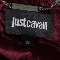 Pre Owned Just Cavalli Printed Corduroy and Coated Denim Zip Front Bomber Jacket L