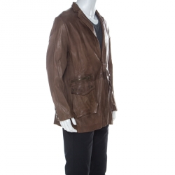 Pre Owned Just Cavalli Brown Leather Pleated Yoke Detail Jacket 5XL