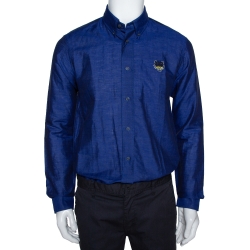 Pre Owned Kenzo Navy Blue Tiger Crest Embroidered Linen Blend Button Down Shirt M