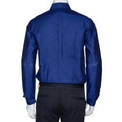 Pre Owned Kenzo Navy Blue Tiger Crest Embroidered Linen Blend Button Down Shirt M