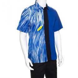Pre Owned Kenzo Blue Wave Printed Colorblock Cotton Short Sleeve Button Front Shirt M