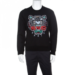 Pre Owned Kenzo Black Striped Knit Embroidered Tiger Motif Sweatshirt M