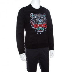 Pre Owned Kenzo Black Striped Knit Embroidered Tiger Motif Sweatshirt M
