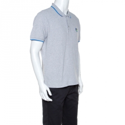 Pre Owned Kenzo Grey Cotton Contrast Trim Tiger Crest Polo T-Shirt L