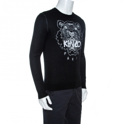 Pre Owned Kenzo Monochrome Tiger & Logo Embroidered Knit Sweater S