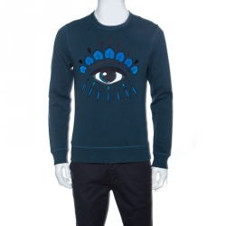 Pre Owned Kenzo Teal Blue Eye Motif Embroidered Knit Sweatshirt M