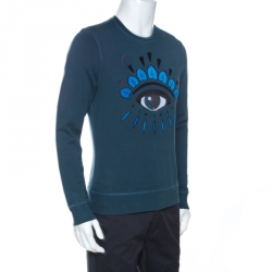 Pre Owned Kenzo Teal Blue Eye Motif Embroidered Knit Sweatshirt M