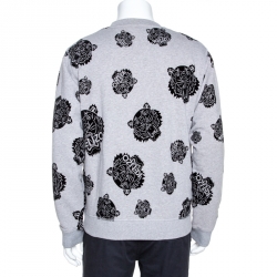 Pre Owned Kenzo Grey Flocked Tiger Print Cotton Sweatshirt L