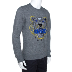 Pre Owned Kenzo Grey Tiger Embroidered Marl Knit Sweatshirt S