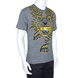 Pre Owned Kenzo Grey Geo Tiger Print Cotton Crew Neck T-Shirt M