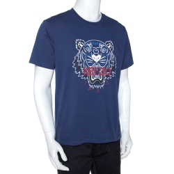 Pre Owned Kenzo Blue Cotton Tiger Motif Print T-Shirt XL