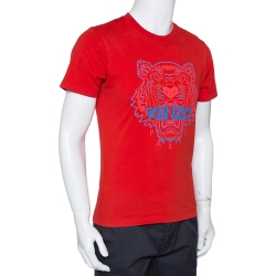 Pre Owned Kenzo Vibrant Red Tiger Print Crew Neck T Shirt S