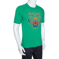 Pre Owned Kenzo Green Cotton Tiger Print Crew Neck T Shirt XS