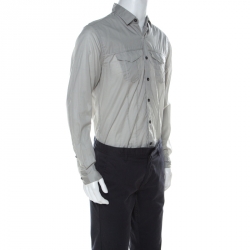 مملوكة مسبقًا  قميص لانفان بأكمام طويلة وجيب على الصدر نسيج مخطط قطن رصاصي L