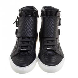 Le Silla Black Faux Python Leather High Top Sneakers Size 39