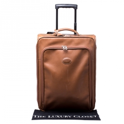 Pre Owned Longchamp Brown Leather Small Wheeled Luggage