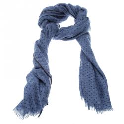 Pre Owned Loro Piana Blue Cashmere Silk Herringbone Pattern Dotted Scarf