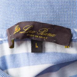 Pre Owned تي شيرت بولو لورو بيانا مخطط أبيض وأزرق L