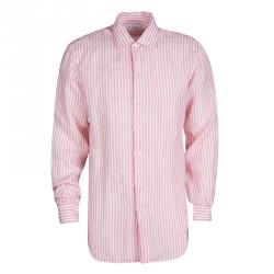 Pre Owned Loro Piana Pink and White Striped Linen Button Front Shirt L