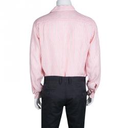 Pre Owned Loro Piana Pink and White Striped Linen Button Front Shirt L