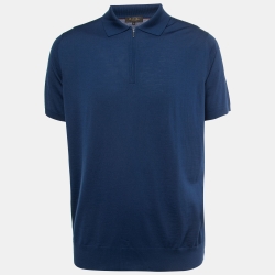 Pre Owned Loro Piana Blue Knit Wool Half-Zip Polo T-Shirt 2XL