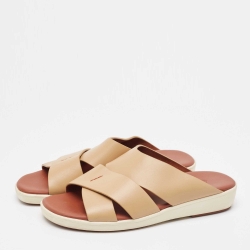 مملوكة مسبقًا Loro Piana Brown Leather Slide Sandals Size 42.5