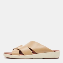 مملوكة مسبقًا Loro Piana Brown Leather Slide Sandals Size 42.5