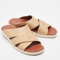 مملوكة مسبقًا Loro Piana Brown Leather Slide Sandals Size 42.5