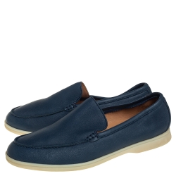 مملوكة مسبقًا Loro Piana Blue Leather Summer Walk Slip On Loafers Size 44