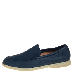 مملوكة مسبقًا Loro Piana Blue Leather Summer Walk Slip On Loafers Size 44