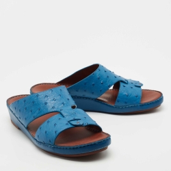 Pre Owned Loro Piana Blue Ostrich Heart Slip On Sandals Size 44