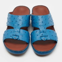 Pre Owned Loro Piana Blue Ostrich Heart Slip On Sandals Size 44