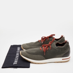 مملوكة مسبقًا Loro Piana Olive Green Knit Fabric and Leather Low Top Sneakers Size 46
